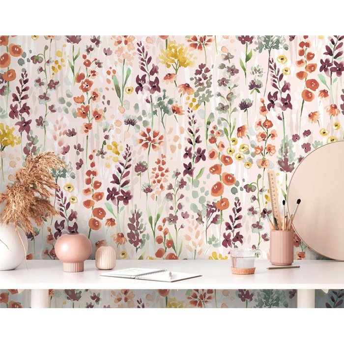 Papeldecor|Papel pintado flores acuarela beige y naranja|Floral