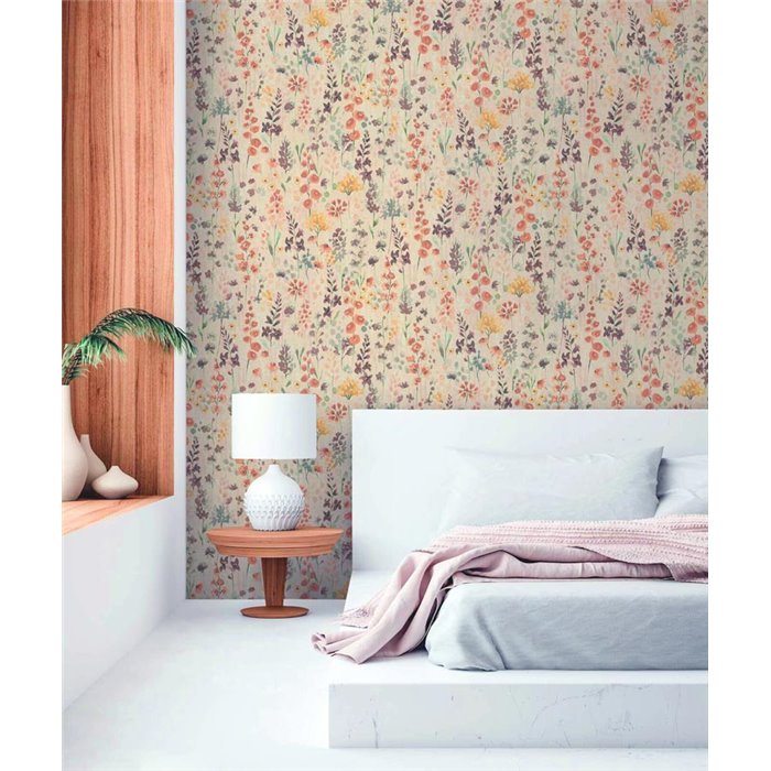 Papeldecor|Papier peint fleurs aquarelle beige et orange|Floral