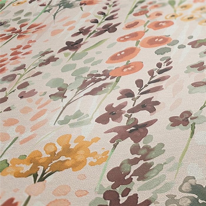 Papeldecor|Papier peint fleurs aquarelle beige et orange|Floral