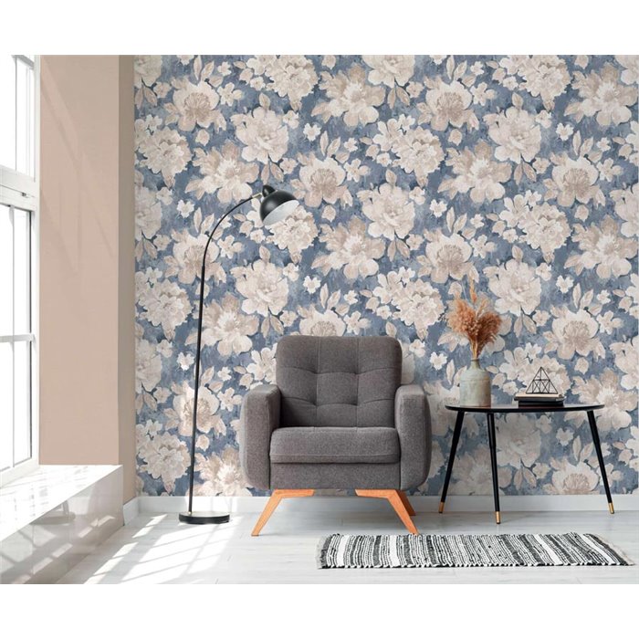 Papeldecor|Papier peint fleurs aquarelle bleu et beige|Aquarelle