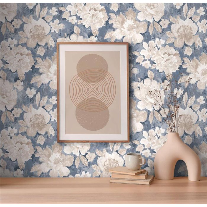 Papeldecor|Tapete Blumen Aquarell Blau und Beige|Aquarell