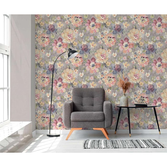 Papeldecor|Tapete Blumen Aquarell Grau multicolor|Aquarell