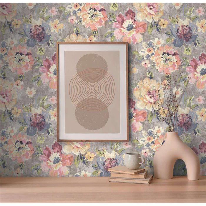 Papeldecor|Papier peint fleurs aquarelle grises multicolores|Aquarelle