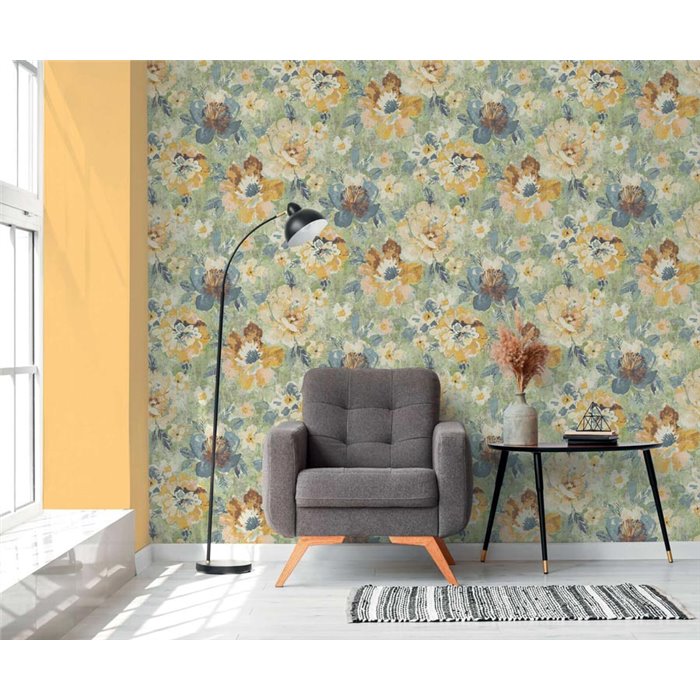 Papeldecor|Papier peint floral aquarelle multicolore et vert|Aquarelle