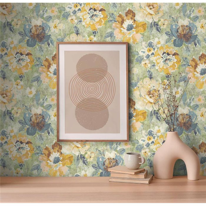 Papeldecor|Papier peint floral aquarelle multicolore et vert|Aquarelle