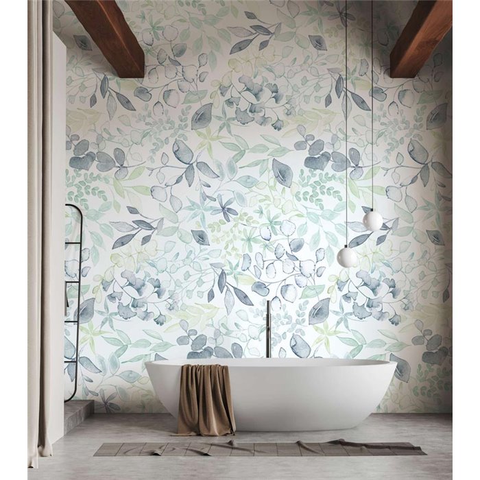 Papel pintado floral, hojas acuarela azul y verde - Papeldecor Watercolor 2027396921