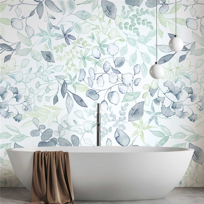 Papeldecor|Floral Wallpaper, Blue and Green Watercolor Leaves|Floral