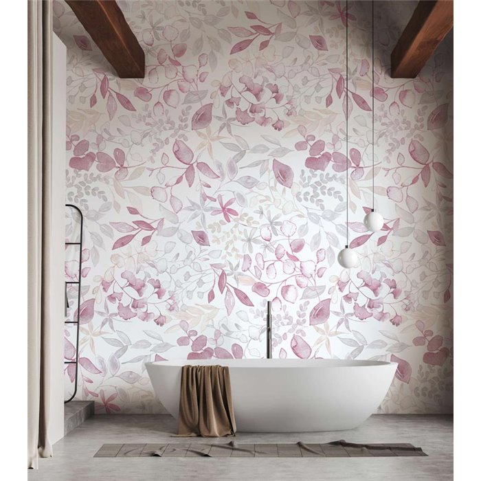 Papeldecor|Papel pintado floral, hojas acuarela gris y rosa|Papel Pintado