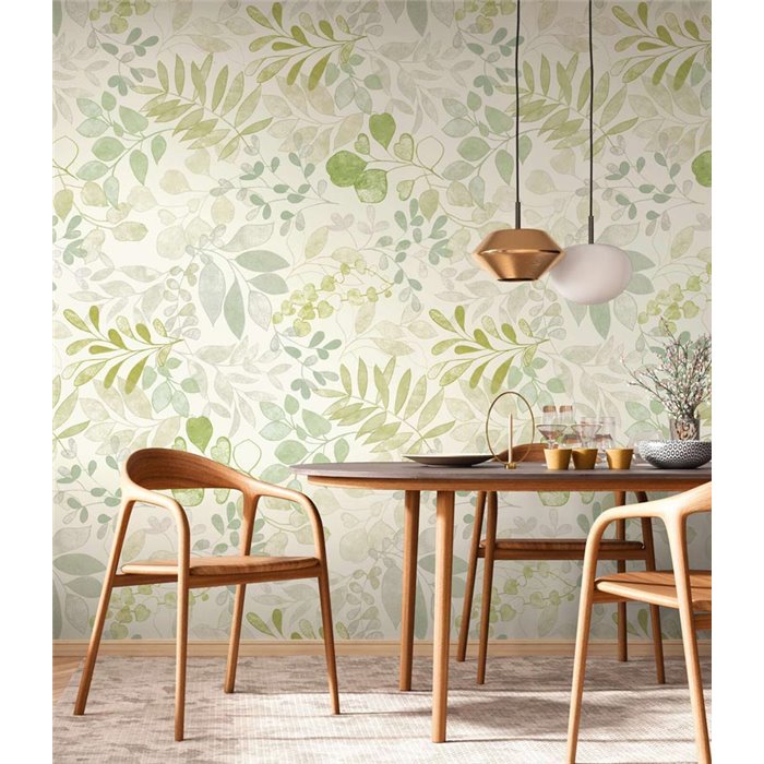 Papeldecor|Floral Wallpaper, White and Green Watercolor Leaves|Floral