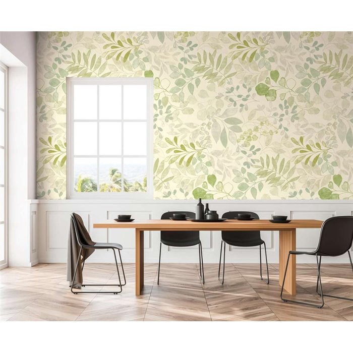 Papeldecor|Floral Wallpaper, White and Green Watercolor Leaves|Floral