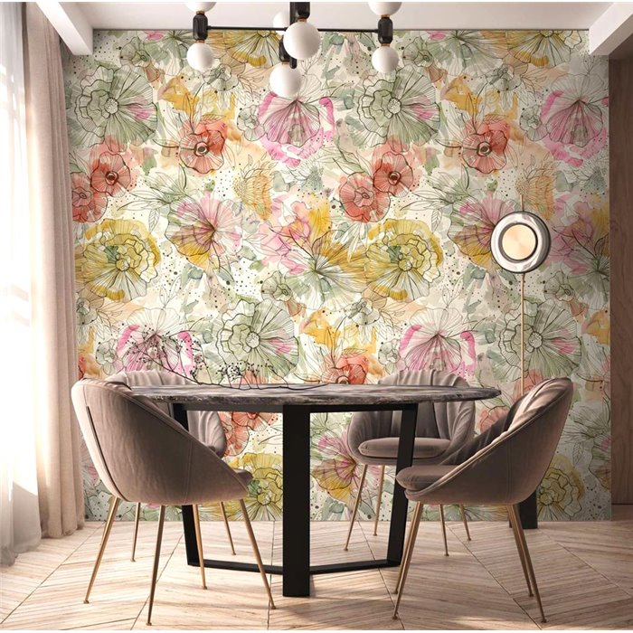 Papeldecor|Papier peint floral aquarelle tons beige orange|Aquarelle
