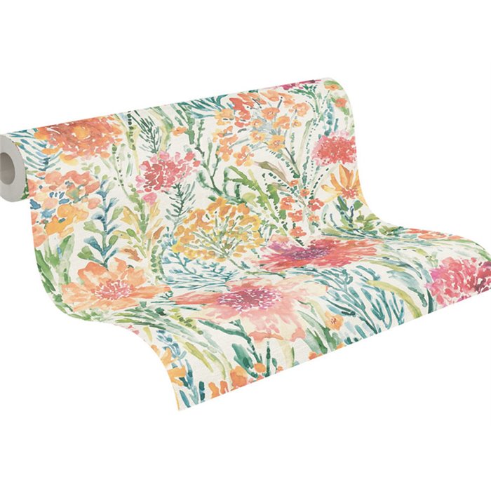 Papeldecor|Papier peint fleurs des champs blanc multicolore|Aquarelle