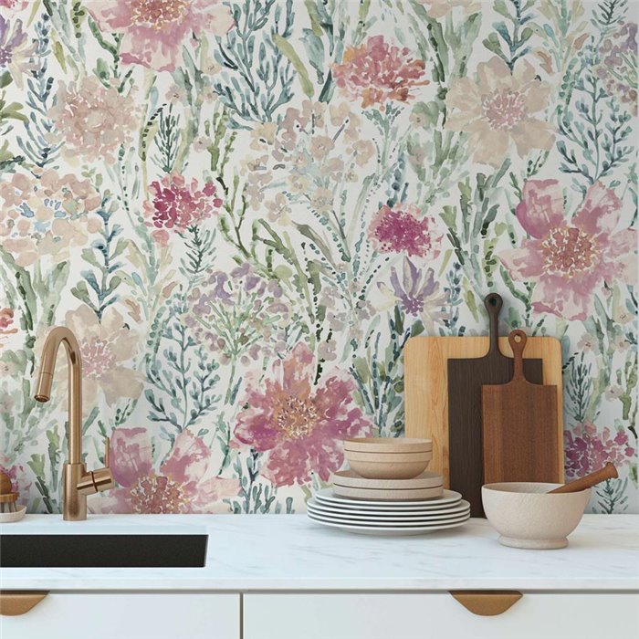Papeldecor|Rustic White and Multicolor Floral Wallpaper|Watercolor