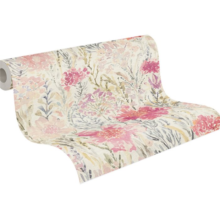 Papeldecor|Papier peint floral campagne blanc et multicolore|Aquarelle
