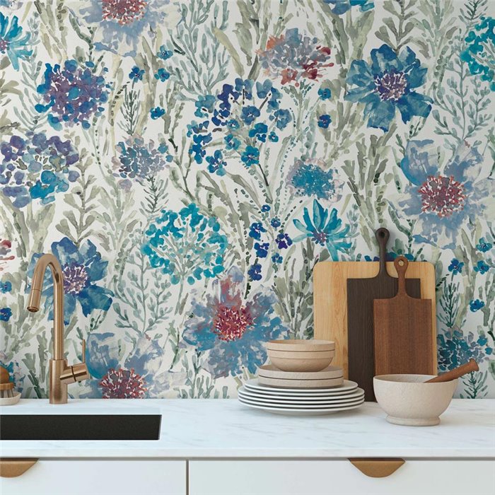 Papeldecor|Papier peint fleurs aquarelle bleu et blanc|Floral