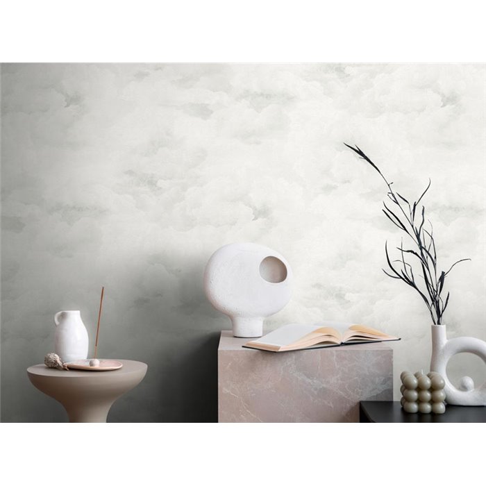 Papeldecor|Papel pintado patrón nubes blanco y gris|Baño