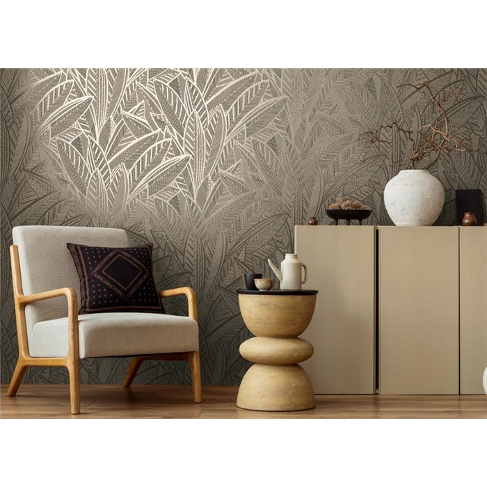Papeldecor|Papel pintado floral moderno hojas grandes negro|Floral