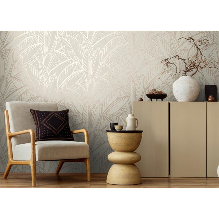 Papeldecor|Papel pintado floral hojas grandes blanco y gris|Floral