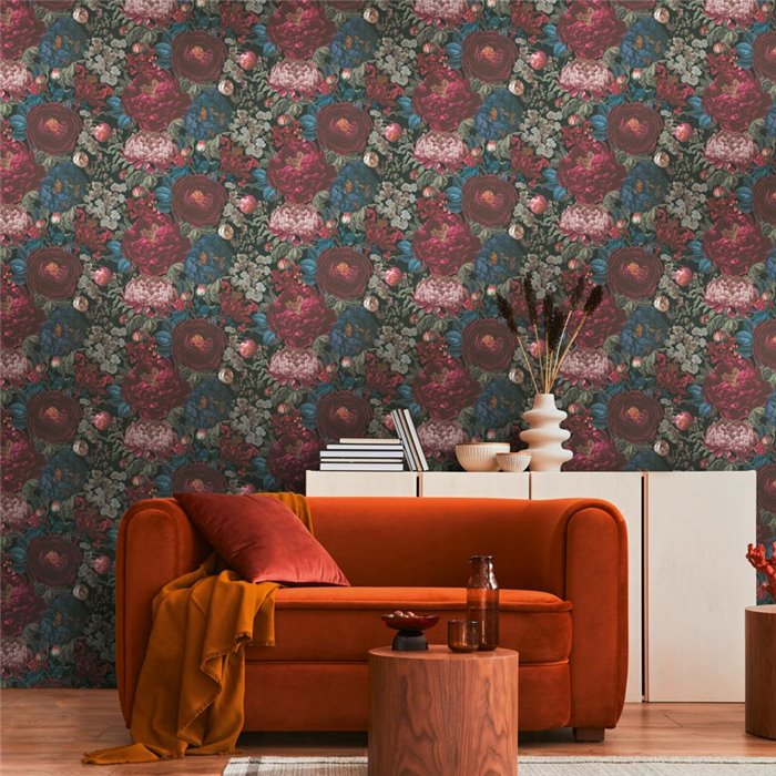 Papeldecor|Papel pintado floral elegante azul y rojo|Papel Pintado