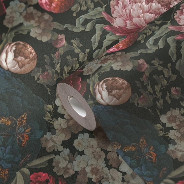 Papeldecor|Papel pintado floral elegante azul y rojo|Papel Pintado