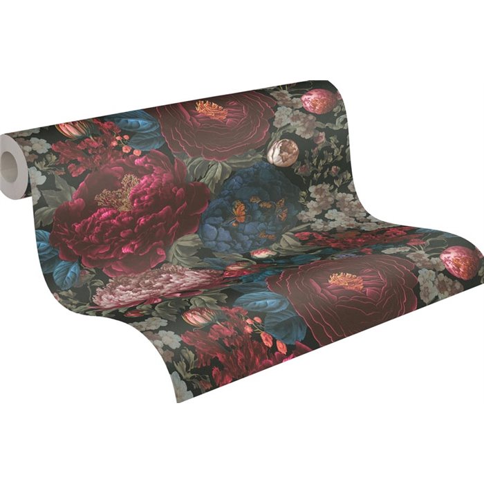 Papeldecor|Papel pintado floral elegante azul y rojo|Papel Pintado