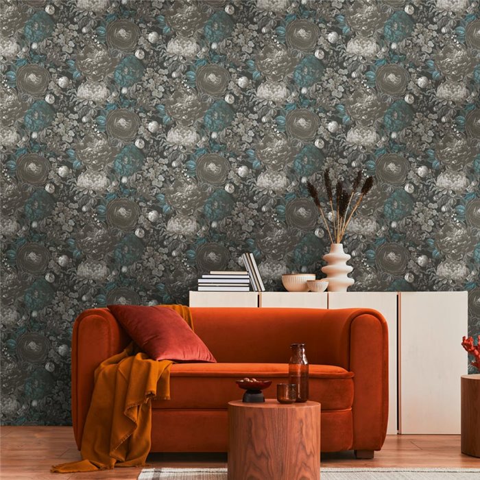 Papeldecor|Papel pintado floral clásico gris y negro|Floral