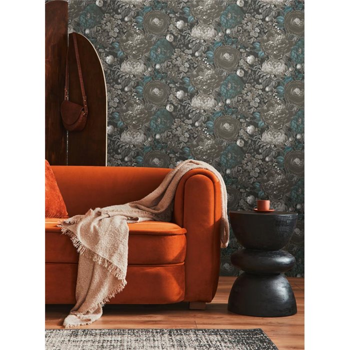 Papeldecor|Papel pintado floral clásico gris y negro|Floral
