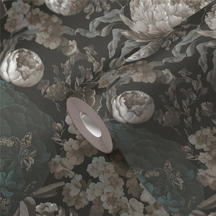 Papeldecor|Papel pintado floral clásico gris y negro|Floral