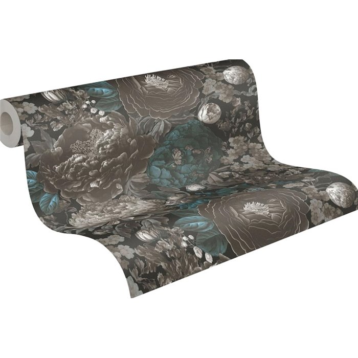 Papeldecor|Papel pintado floral clásico gris y negro|Floral