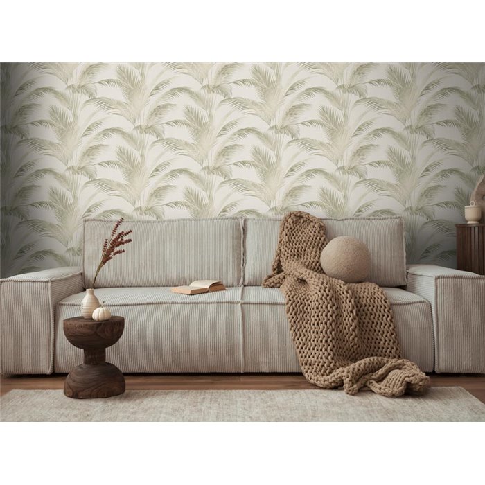 Papeldecor|Tapete Urban Jungle Palmenblätter Creme Grün|Blumen