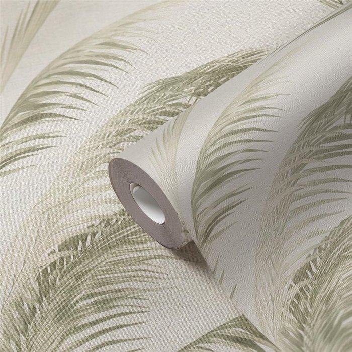 Papeldecor|Tapete Urban Jungle Palmenblätter Creme Grün|Blumen