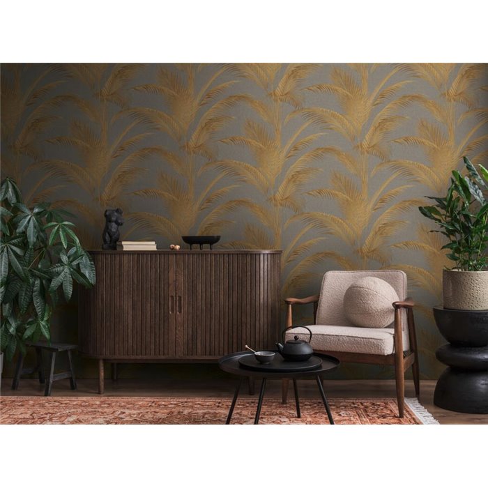 Papeldecor|Papier peint feuilles de palmier métallisé doré et gris|Floral