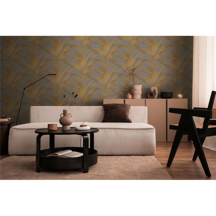 Papel pintado hojas de palma metalizado dorado y gris - Papeldecor Eclipse 2027399804
