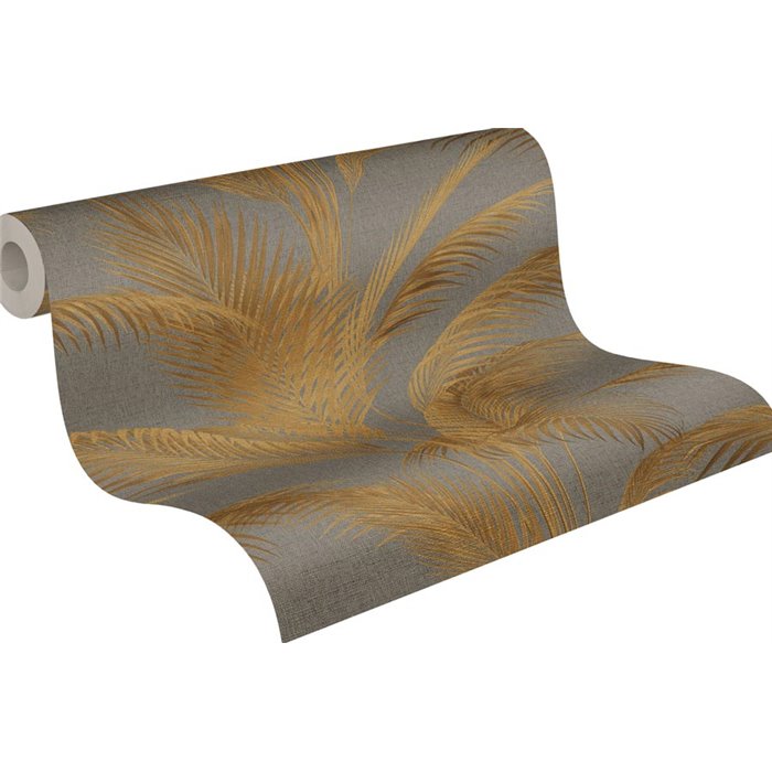 Papeldecor|Papier peint feuilles de palmier métallisé doré et gris|Floral