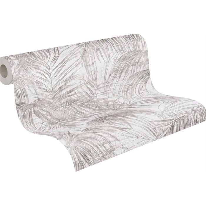 Papeldecor|Papier peint tropical feuilles de palmier blanc gris|Floral