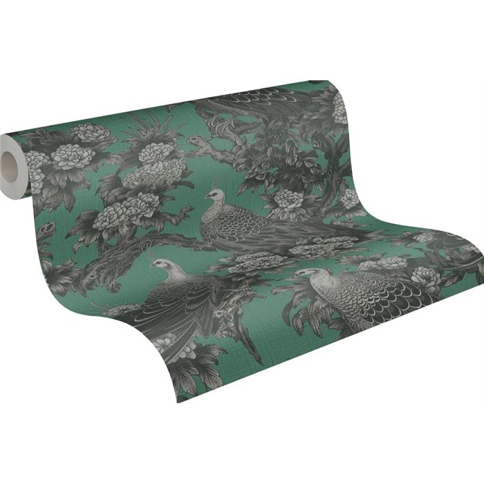 Papeldecor|Papel pintado floral elegante gris y verde|Floral