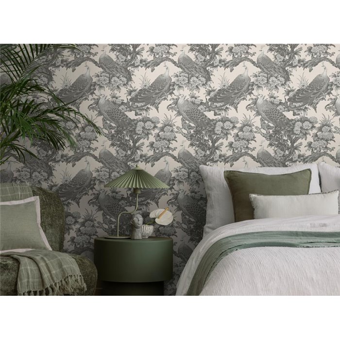 Papeldecor|Papier peint fleurs et paons beige et gris|Floral