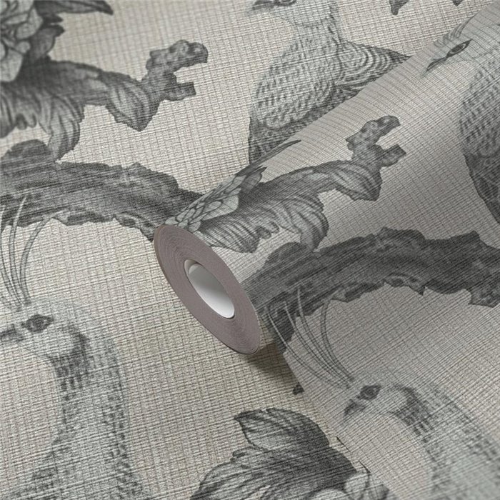 Papeldecor|Papier peint fleurs et paons beige et gris|Floral