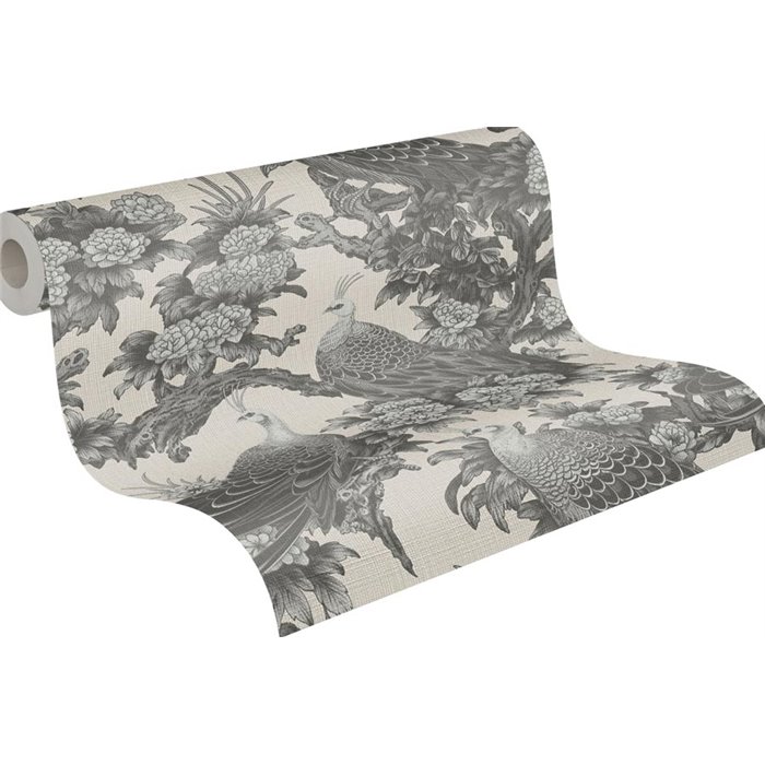 Papeldecor|Tapete Blumen und Pfauen Beige und Grau|Blumen