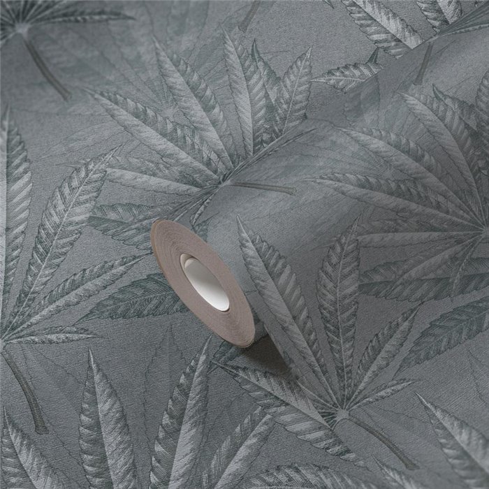 Papeldecor|Papier peint imprimé floral feuilles cannabis gris|Floral