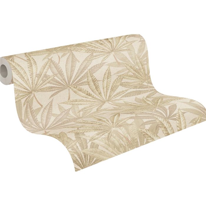 Papeldecor|Papier peint floral beige crème, feuilles de cannabis|Floral