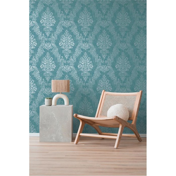 Papeldecor|Papel pintado damasco azul y turquesa elegante|Damasco