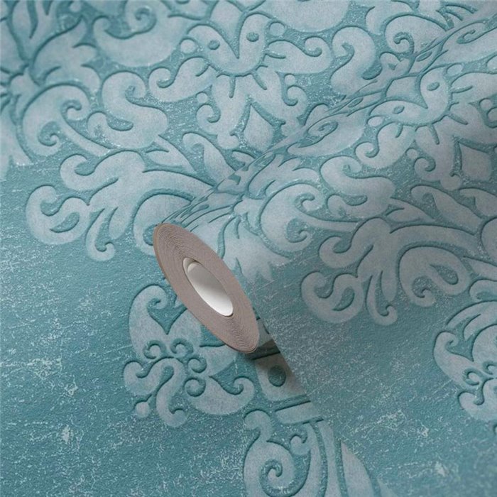 Papeldecor|Papel pintado damasco azul y turquesa elegante|Damasco
