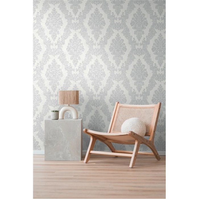 Papeldecor|Papel pintado damasco ornamental blanco y gris|Damasco