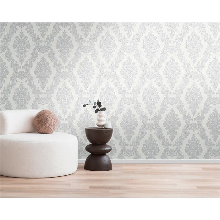 Papeldecor|Papel pintado damasco ornamental blanco y gris|Damasco