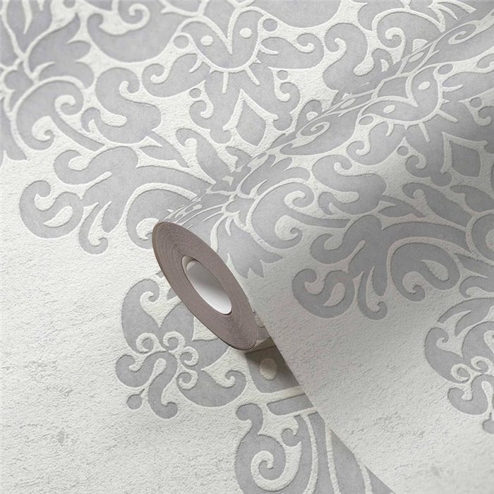 Papeldecor|Papel pintado damasco ornamental blanco y gris|Damasco