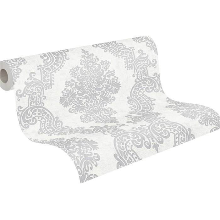 Papeldecor|Papel pintado damasco ornamental blanco y gris|Damasco