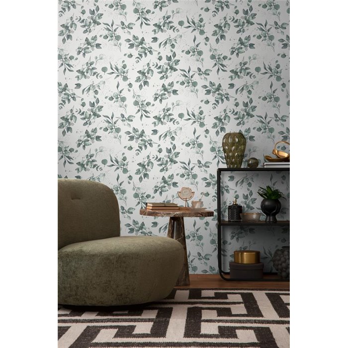 Papeldecor|White and Green Eucalyptus Leaves Floral Wallpaper|Floral