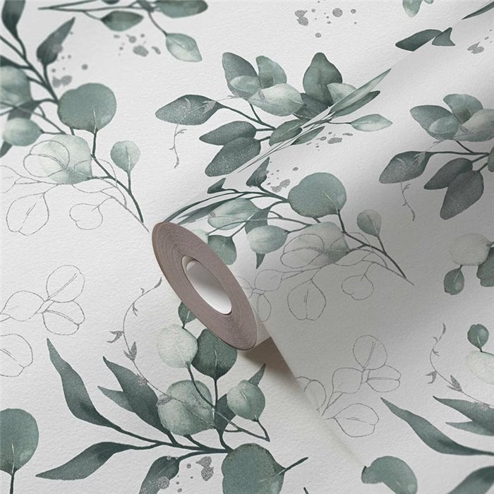 Papeldecor|White and Green Eucalyptus Leaves Floral Wallpaper|Floral