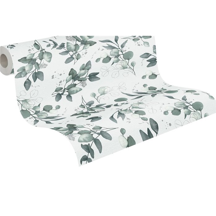 Papeldecor|Papel pintado floral blanco y verde hojas de eucalipto|Floral